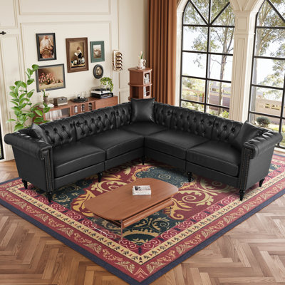 Sectional Sofa Couch, L Shaped Reversible Modern Chesterfield Sofa With Rolled Arms And Nailhead, 5 Seat Tufted Couch PU Leather