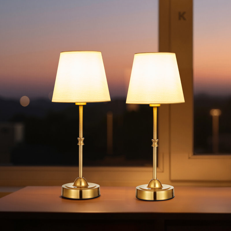 Ensemble de 2 lampes de table sans fil avec pile et abat-jour en tissu, Doré