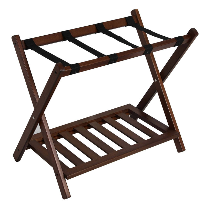 Porte-bagages pliable en bois avec tablette, Brun, Ensemble de 1
