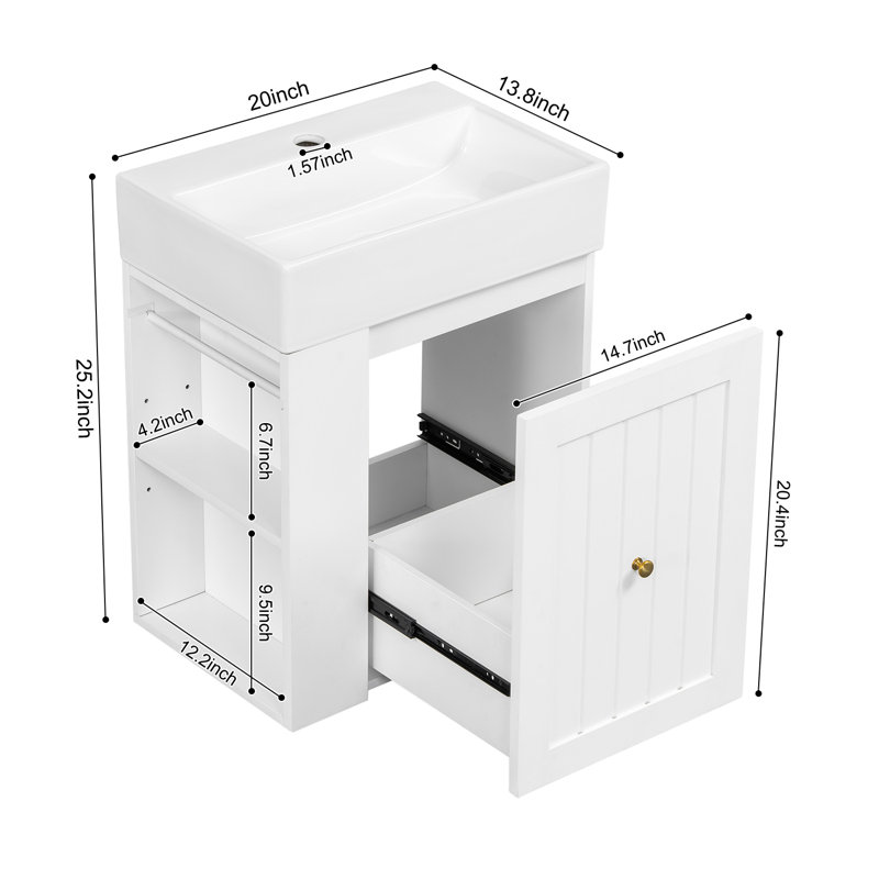 Meuble-lavabo de 20 po avec lavabo en céramique, armoire de rangement en MDF avec tiroir, tablette latérale, Blanc