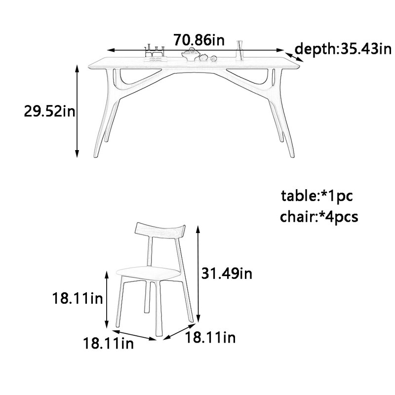Ensemble de table et chaises de salle à manger moderne et naturel, H 29,52 po x L 70,86 po x l 35,43 po