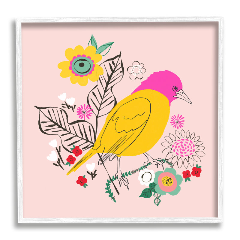 Oiseau floral rose et jaune - reproduction d'un seul cadre photo sur toile, Giclée encadrée blanc bord de mer