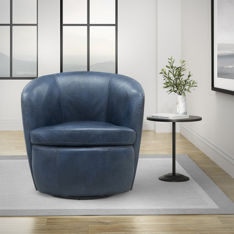 Azurdee Top Grain Genuine Italian Leather Swivel Barrel Chair (Set of 2), Vintage Navy