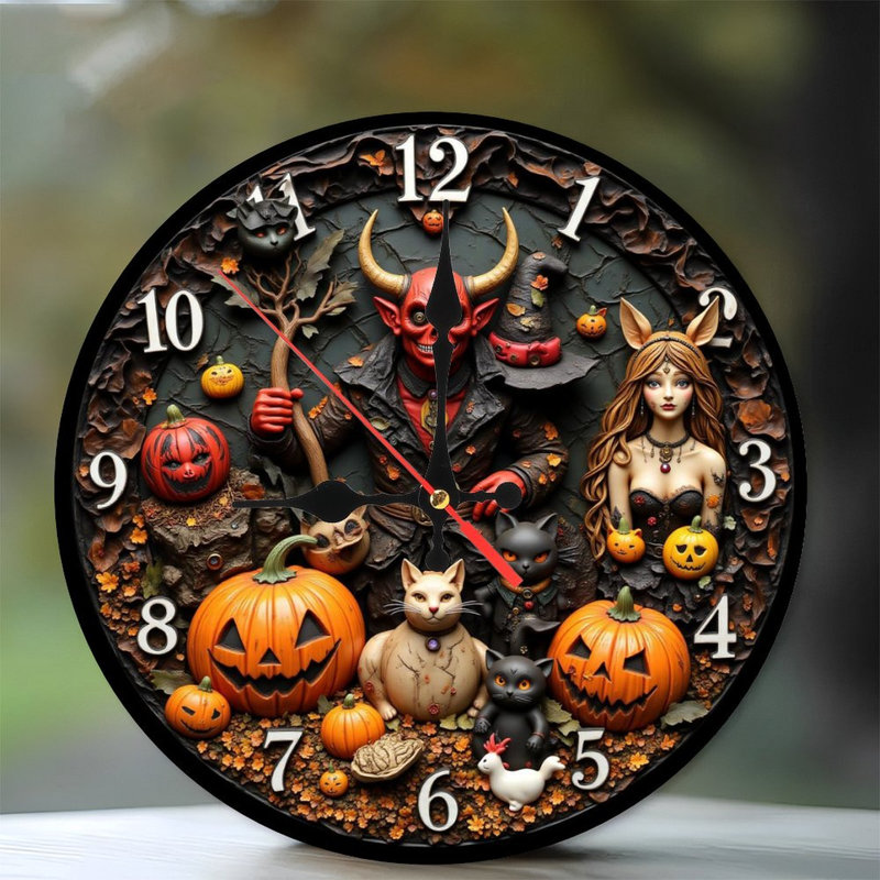 Halloween clock devil witch cats pumpkins