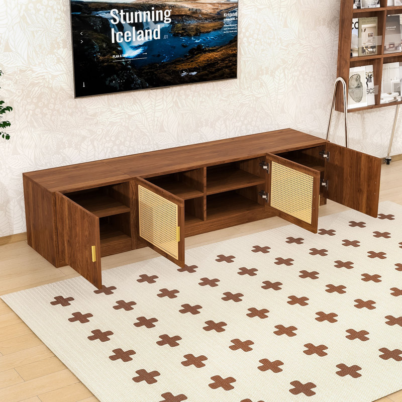 Vintage TV Stand with Wood-Grain Finish for TVs, Featuring Storage & Rattan Accents