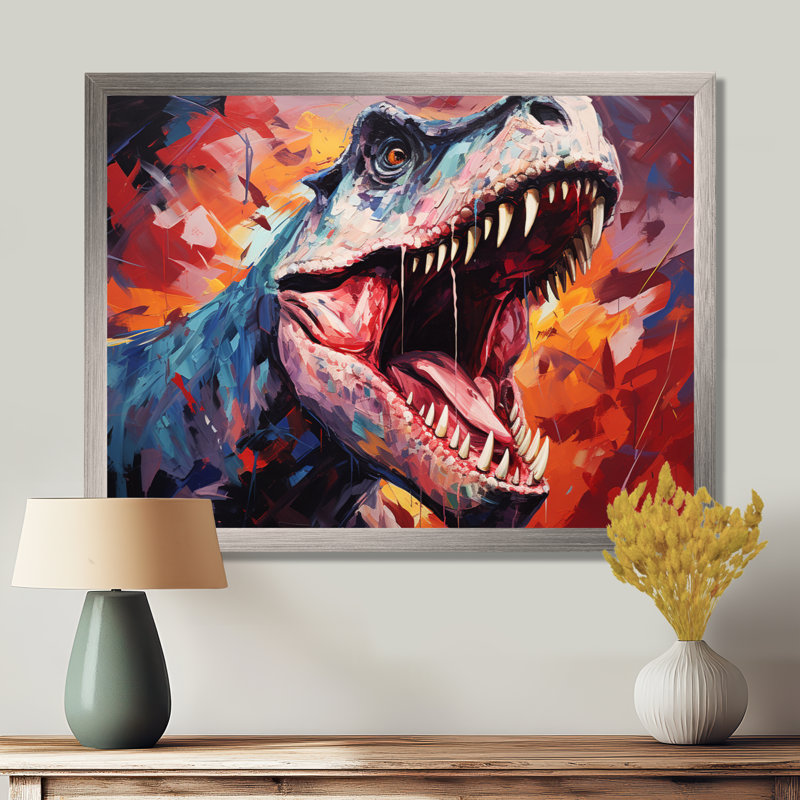 Popart TRex dinosaur II - dinosaure, art mural, L 24 po x H 32 po x P 1 po, Cadre de coin fermé argenté