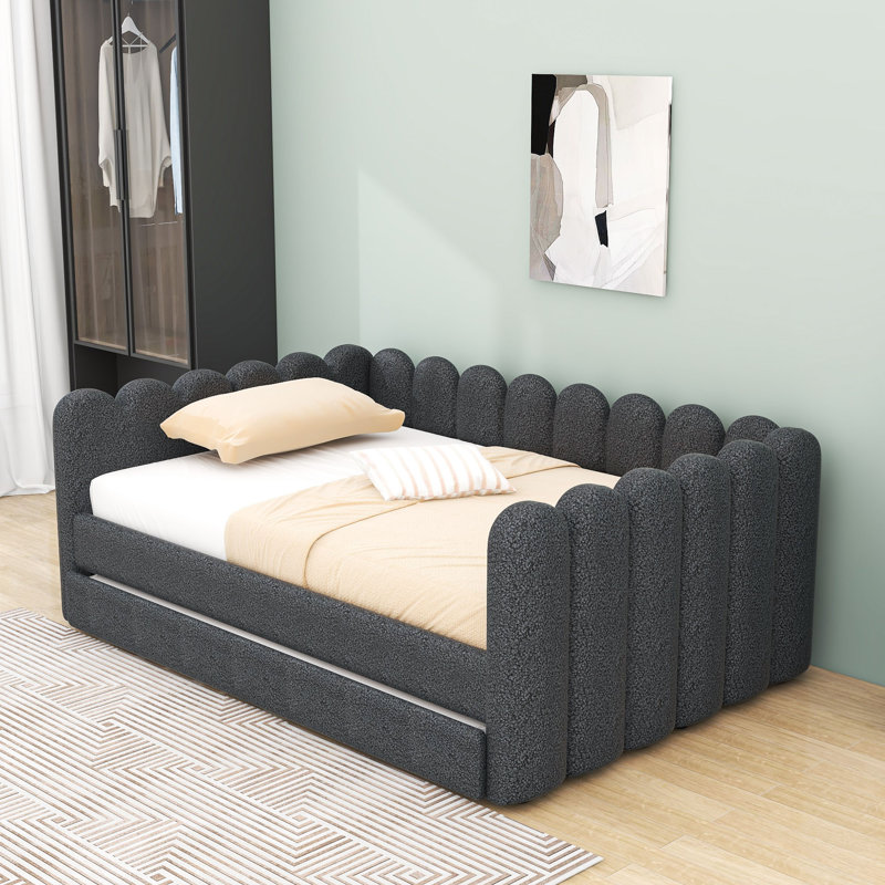 Grand lit de jour en bois rembourré avec gigogne simple TG et pieds centraux, Grey