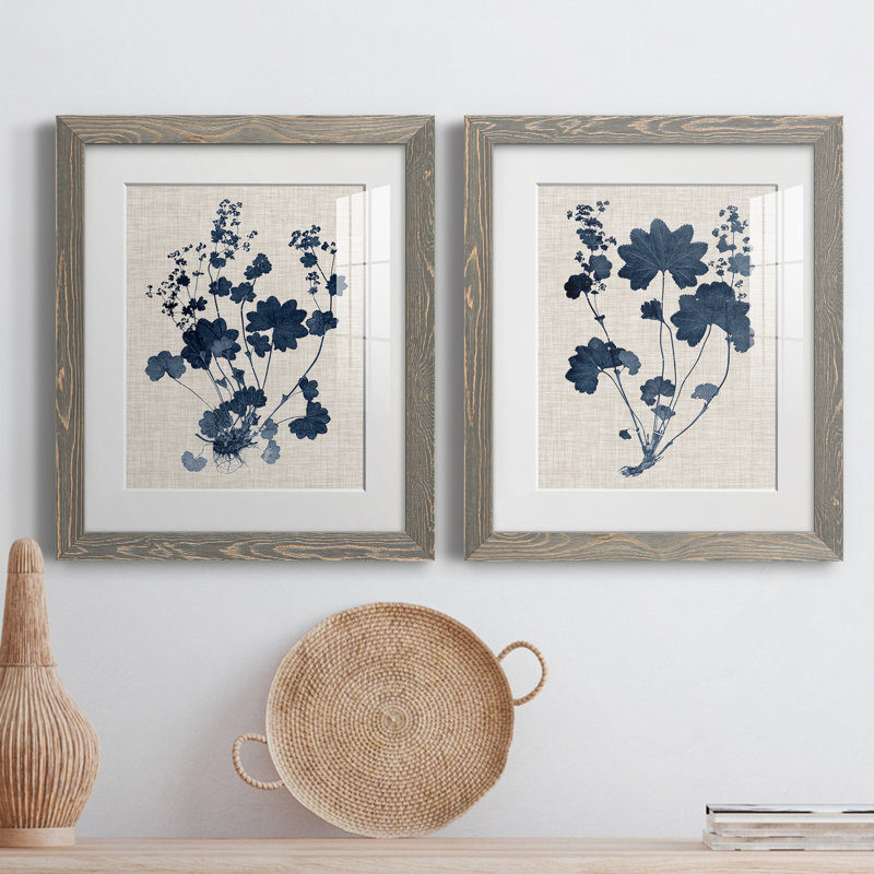 Bleu marine et feuilles de lin II - ensemble de 2 reproductions d'art sur papier encadré, H 20 po x l 17 po, Gris