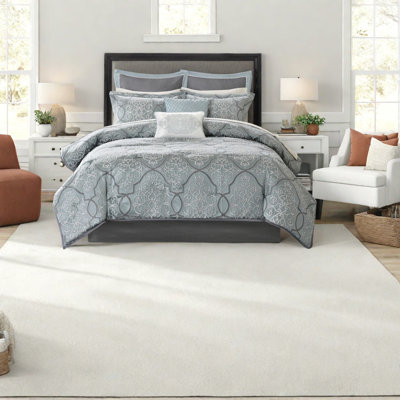 Luxury 12 Piece Bedding Sets, Cotton Blue King With Decorative Design