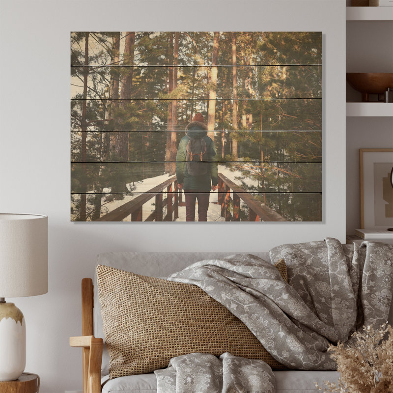 Hiking In Winter Forest - Forest Wood Wall Art On Natural Pine Wood, 30" H x 40" W