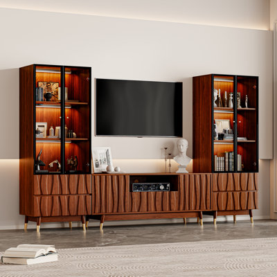 102.3" Mid-century Modern Brown Entertainment Center With Drawers And Storage For 55 Inch TV, Wood Walnut Finish 55.1" TV Stand And 23.6" Glass Display Cabinet Set Media Console For Living Room
