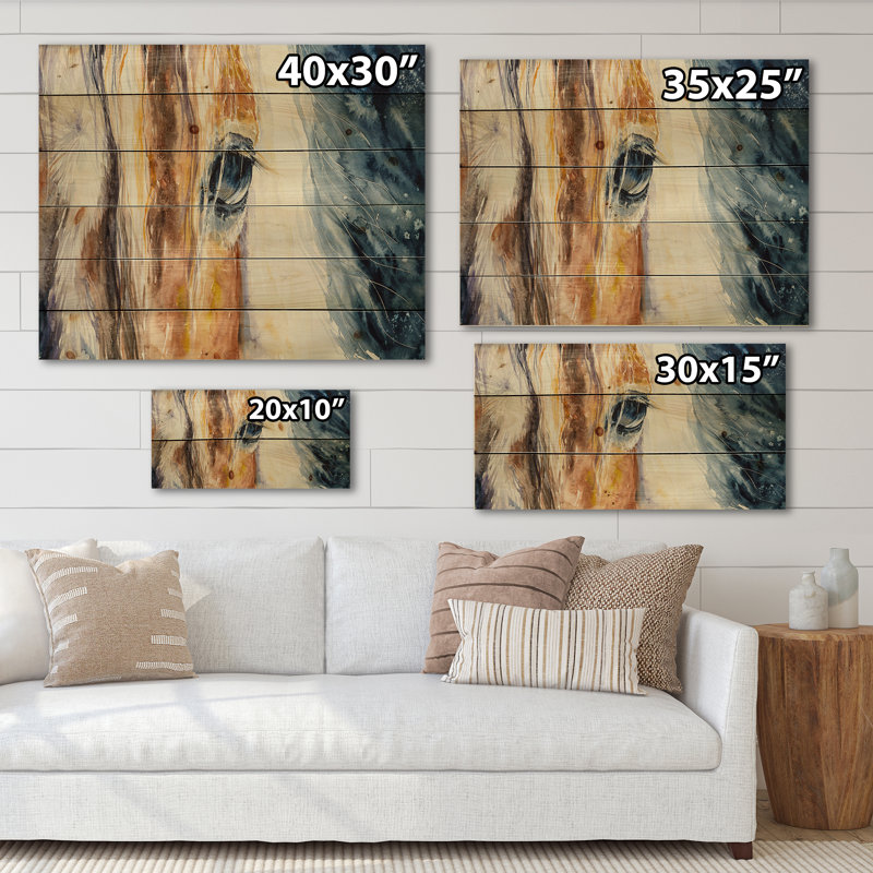 Gros plan sur un magnifique œil de cheval I - impression campagnarde sur bois de pin naturel, H 15 po x l 30 po x P 0,78 po