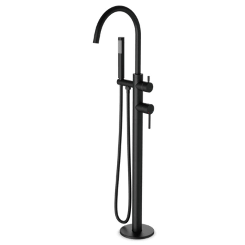 Trova Round Floor Mount Tub Filler Trim Kit With Hand Held Shower Chrome, Matte Black