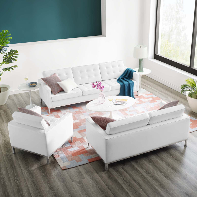 Ensemble de 3 pièces en similicuir capitonné Loft, Similicuir blanc