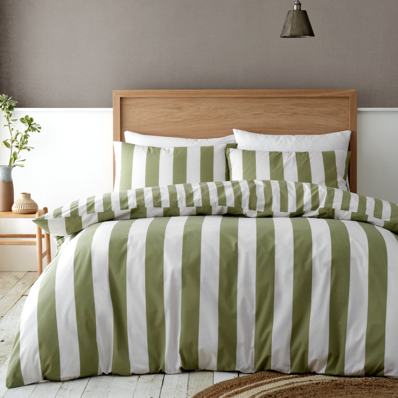 Cove Stripe Reversible Duvet Cover Set, Green, Kingsize Duvet Cover + 2 Standard Pillowcases