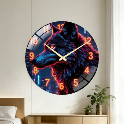 Neon Wolf Wall Clock Art - 24‘’ Modern Glass Wall Clock
