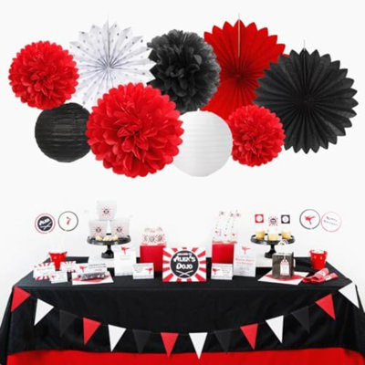 Rouge-noir blanc fête-décorations papier-fleurs lanternes - 20PCS Halloween tissus mouchoirs pompons ventilateurs nid d'abeille, rétro fête de naissance anniversaire Bachelorette suspendus fournitures décor Burgleda