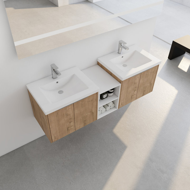 Meuble-lavabo à fermeture en douceur avec lavabo, Imitation chêne, 59"