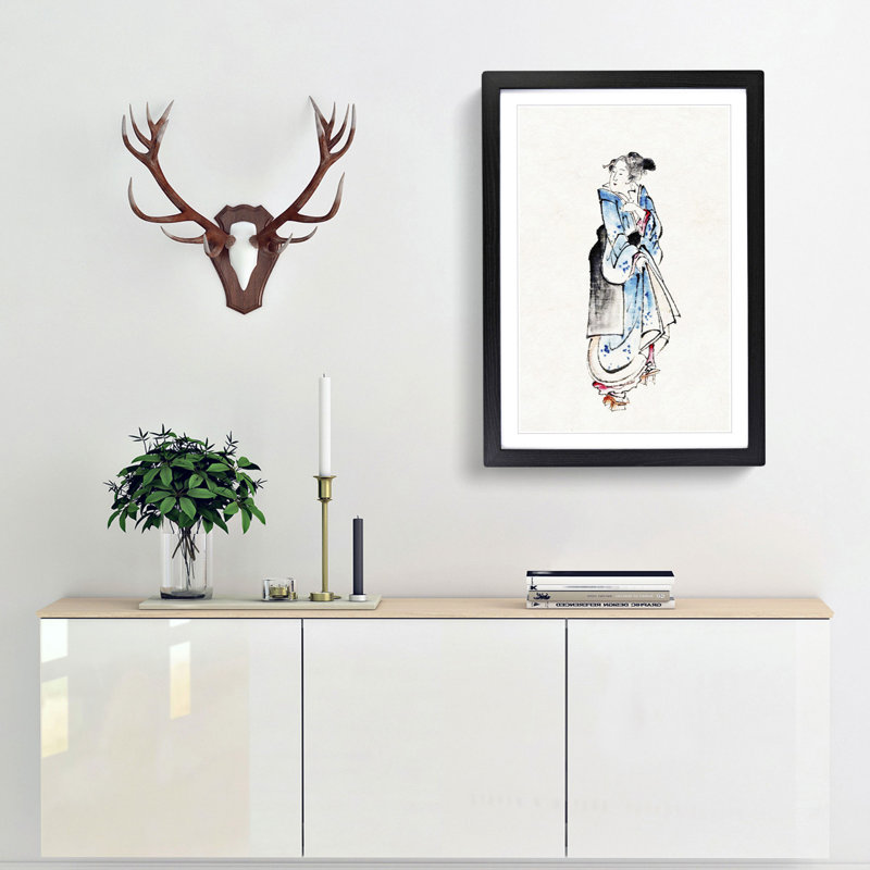 Walking Woman by Katsushika Hokusai - Picture Frame Painting Print, 36cm H x 27cm W x 2cm D, Black Framed