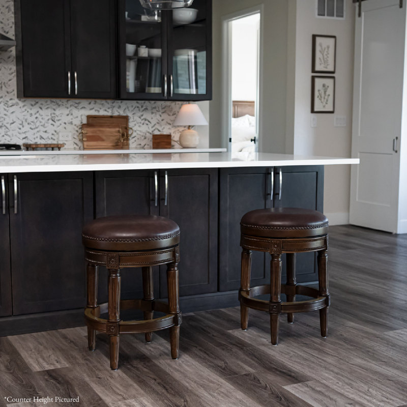 Maven Lane Pullman Backless Swivel Kitchen Stool with Upholstery Seat, Bar Stool (31" Seat Height), Dark Walnut/Faux Leather