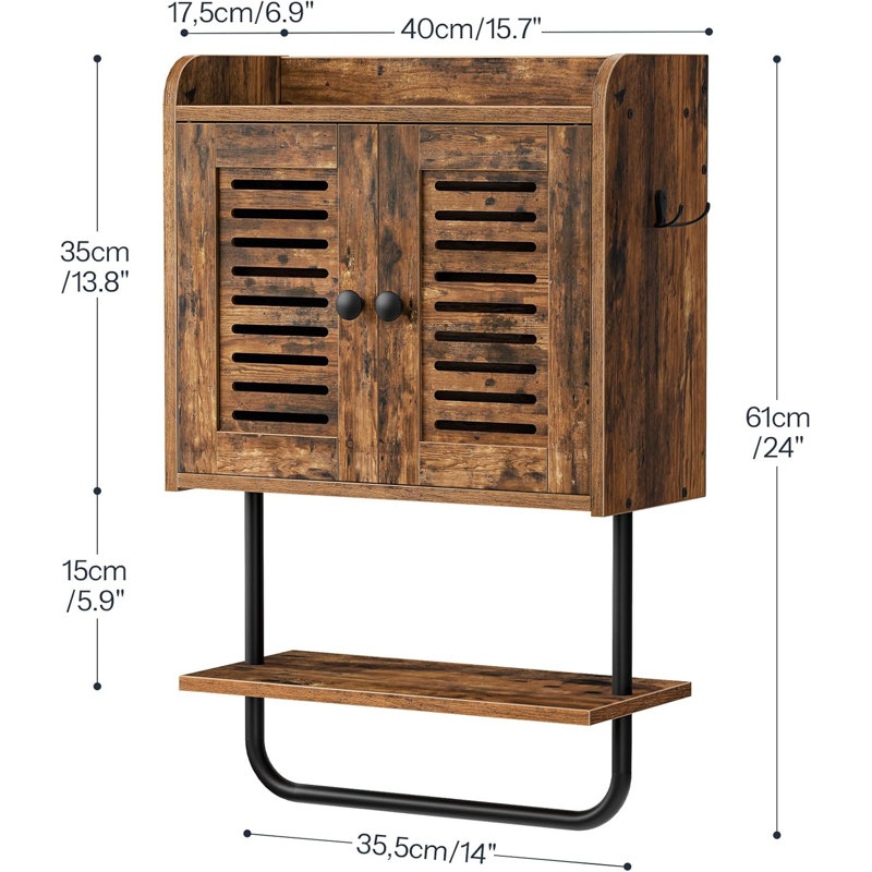 Double-Door Bathroom Wall Cabinet With Towel Rack, Brown 
