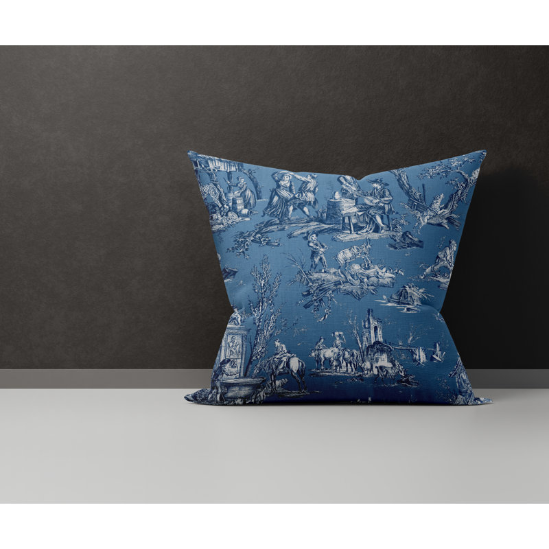 Toile Cotton Reversible Throw Pillow, 15W" x 15H", Blue