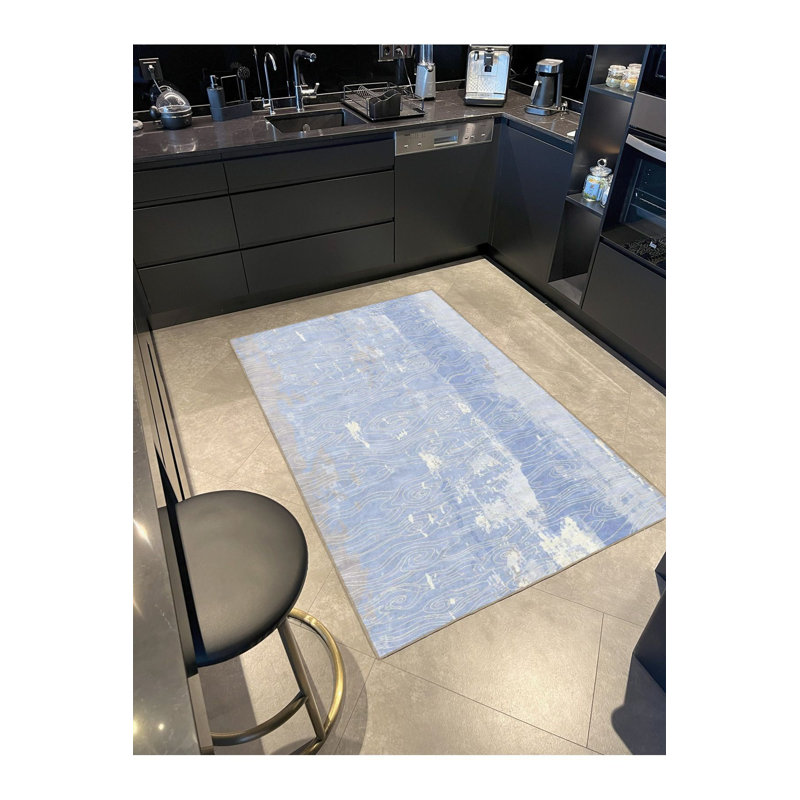 Tapis décoratif moderne à rayures bleu clair lavable à la machine, Sous-tapis rectangulaire 4 pi 7 po x 6 pi 7 po inc