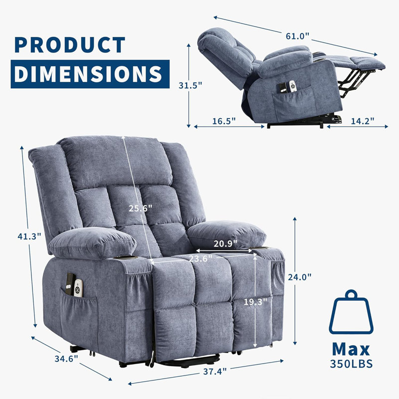 Fauteuil inclinable électrique large avec massage et chaleur, canapé électrique surdimensionné avec porte-gobelets, Bleu
