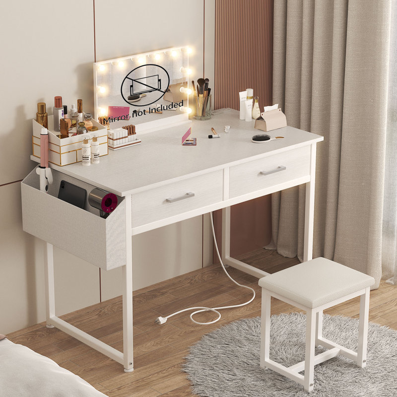 Makeup Vanity Desk With Chair & Power Outlet, Makeup Table Vanity Set With Drawers, White/White