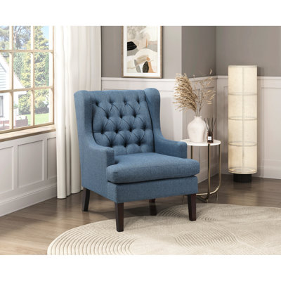 Chaise d'appoint bleue avec capitonnage à boutons et siège rembourré en mousse pour le salon en contreplaqué recouvert de tissu