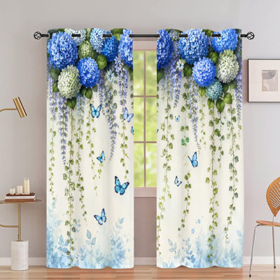 2 rideaux occultants avec œillets, rideaux en polyester à motif de fleurs d'hortensia bleu à motif de vignes de glycine, isolation thermique, réduction du bruit, protection de la vie privée, rideaux obscurcissants pour la décoration de la chambre à coucher