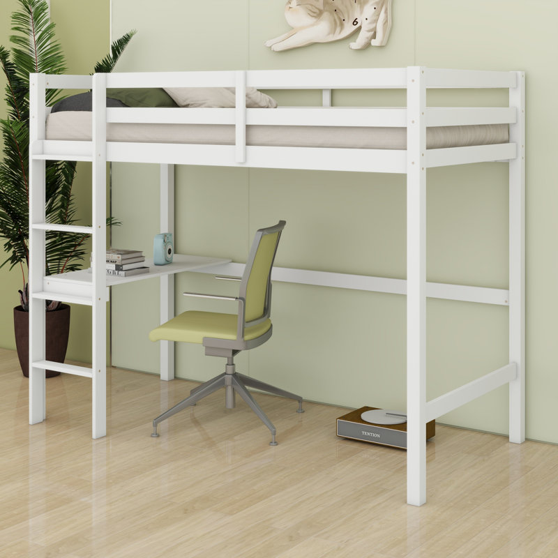 Twin High Loft Bed, Rubber Wood Loft Bed With Safety Guardrail, Built-In Desk, Ladder, White