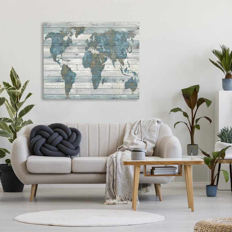 «Slate Planked Look Weathered World Map - Floater Frame», impression, 36" H x 48" W