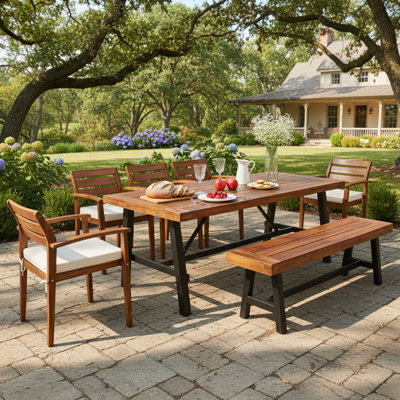 7-8 Person Solid Wood Patio Dining Set with 1 Table, 5 Chairs, 1 Bench and Removable Cushions