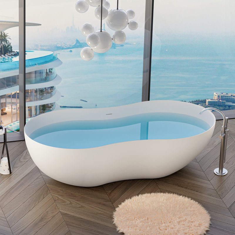 67" x 31.5" Freestanding Soaking Solid Surface Bathtub Stone Resin with Overflow and Pop-up Drain, Matte White