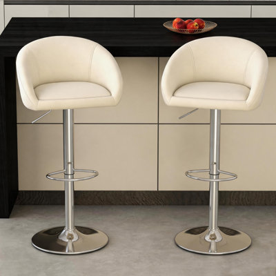 Ensemble de 2 tabourets de bar pivotants modernes en velours beige, chaises d'îlot réglables à hauteur de comptoir avec base en métal argenté et repose-pieds pour la cuisine, le pub et le bar personnel