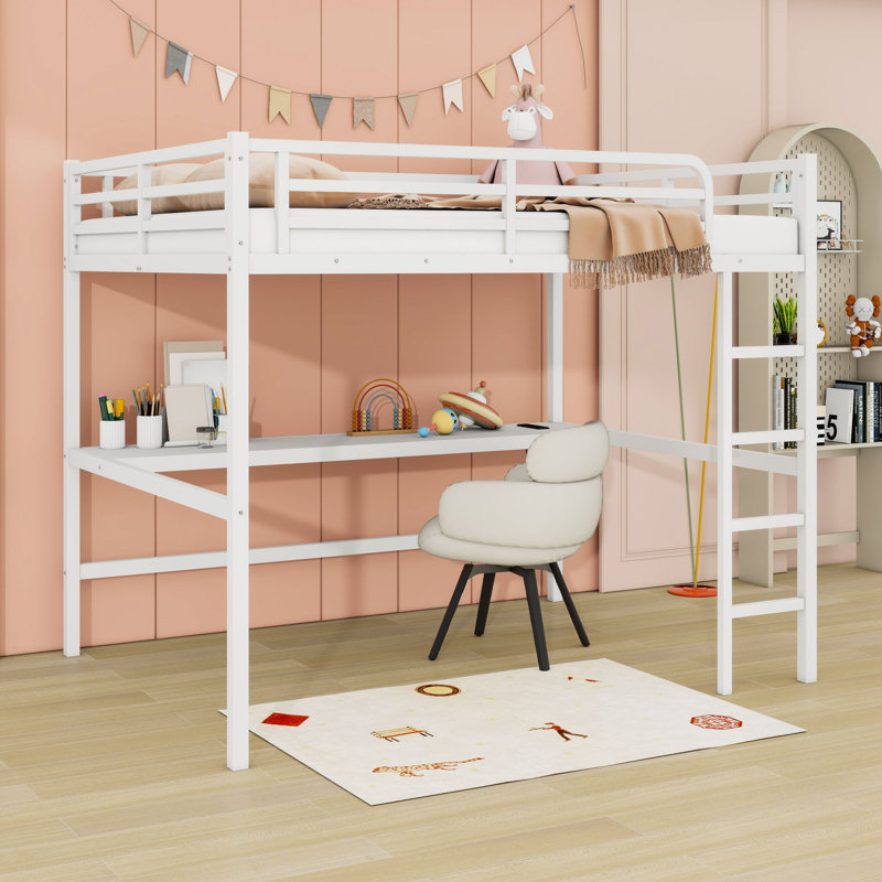 Queen Metal Loft Bed With Built-In-Desk And USB Charging Station And LED