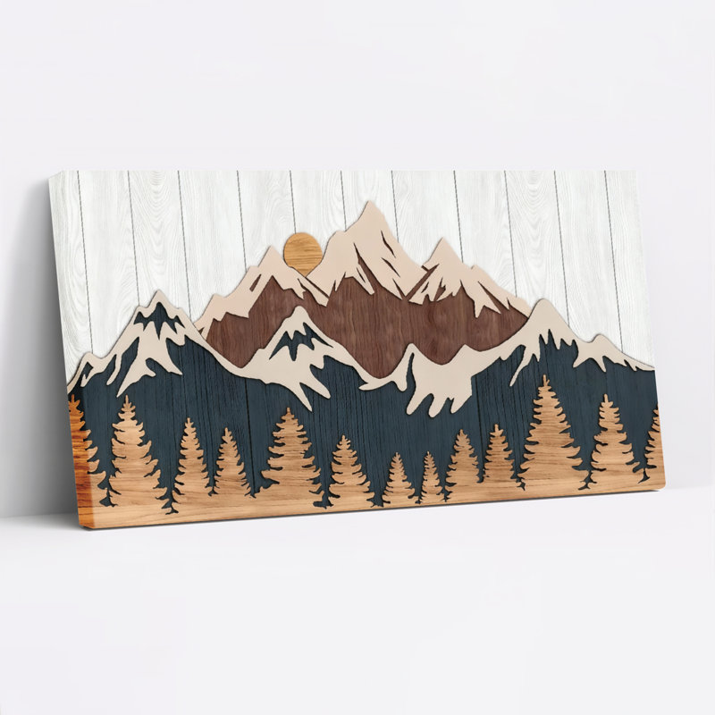 Tableau sur toile représentant un paysage de montagne avec des pins et du soleil (lot de 1), H 12 po x l 36 po
