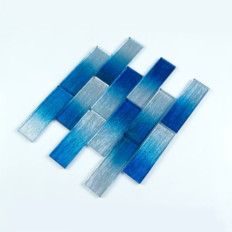 Foil 2" x 6" Straight Edge Glass Mosaic Subway Tile, Silver/True Blue