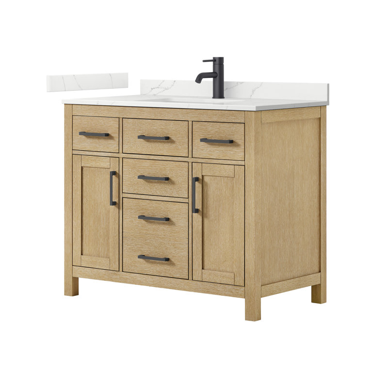 Beckett 42" Freestanding Single Bathroom Vanity with Quartz Top, Brushed Gold, Giotto Quartz, Whitewashed Oak