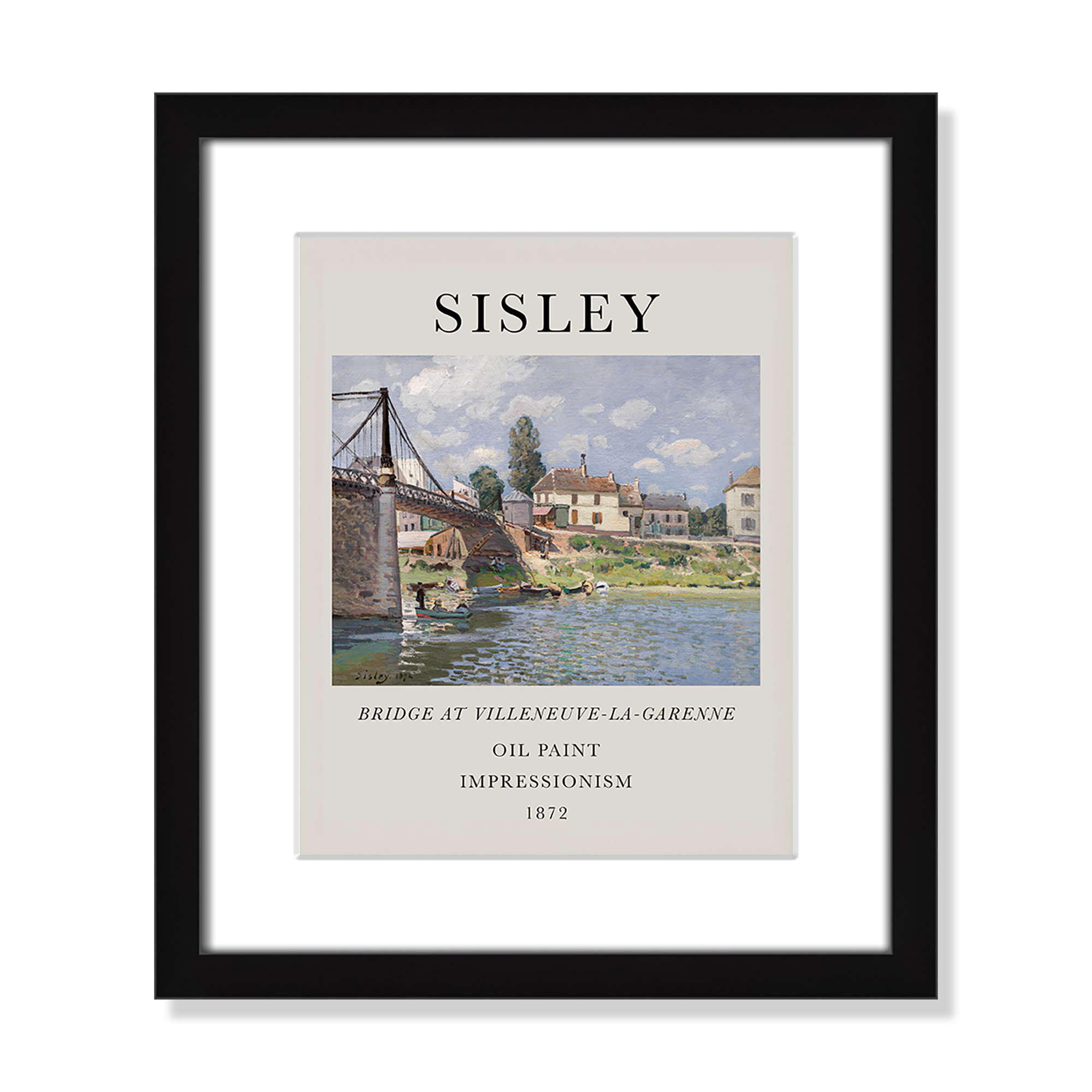 Old Masters Collection " The Bridge At Villeneuve " by Alfred Sisley, 15" H x 13" W x 1.25" D, Black Single Picture Frame