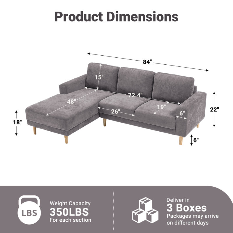 Canapé modulaire rembourré 2 pièces en L 84 po 2 pièces, Chenille gris pâle
