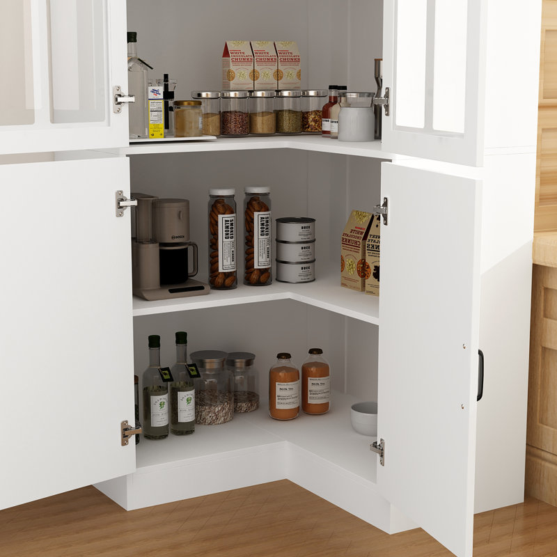 L-Shaped Corner Cabinet With 2-Glass-Door And 5 Shelves