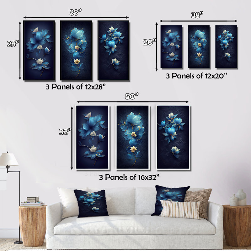 «Fleurs bleues et blanches chinoises», 3 pièces sur toile, Toile tendue, H 20 po x l 36 po