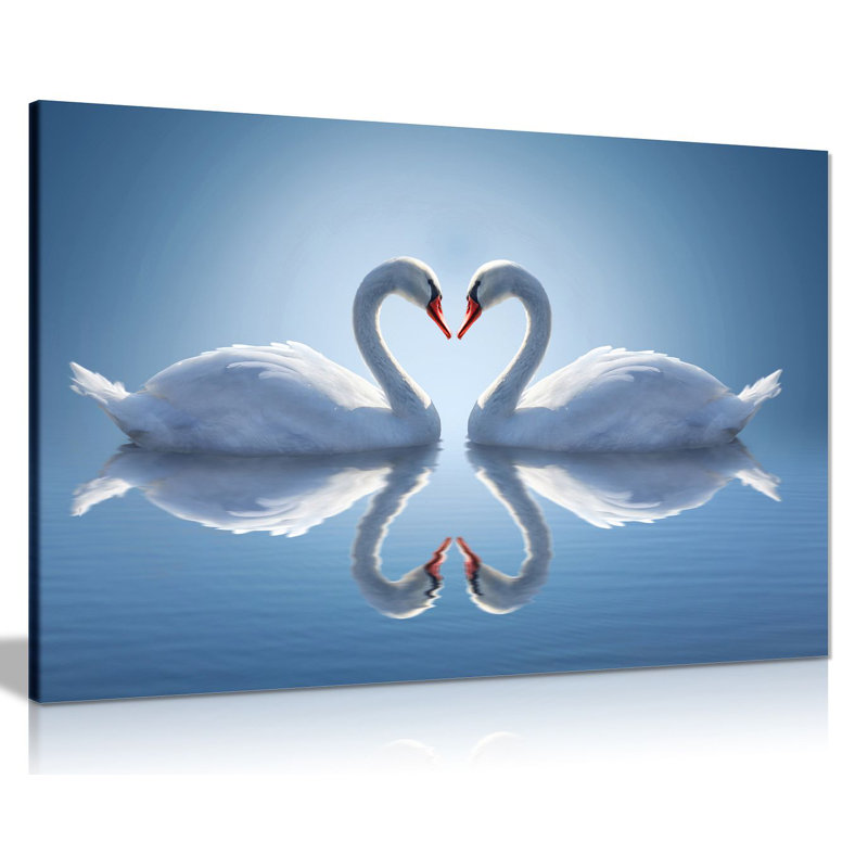 Two Swans Make Up A Heart Reflected On Water - Wrapped Canvas Print, 20cm H x 31cm W