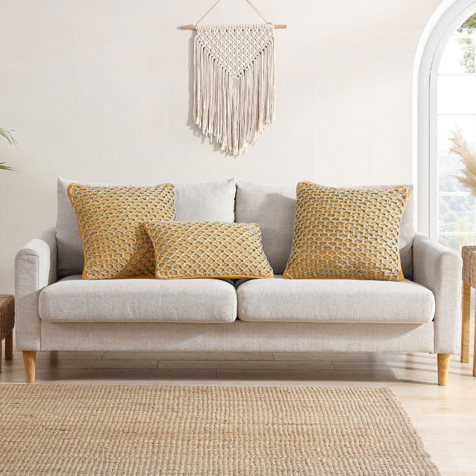 Ablo Textured Cotton Throw Pillow, Square 20", Yellow/Natural