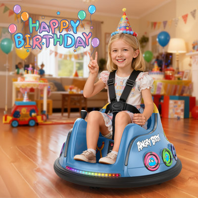 Voiture tamponneuse électrique Angry Birds 12 V sous licence Dearauto pour enfants, avec télécommande, rotation à 360°, 3 vitesses, lumières DEL multicolores et Bluetooth, cadeau pour les enfants de 18 mois à 6 ans.