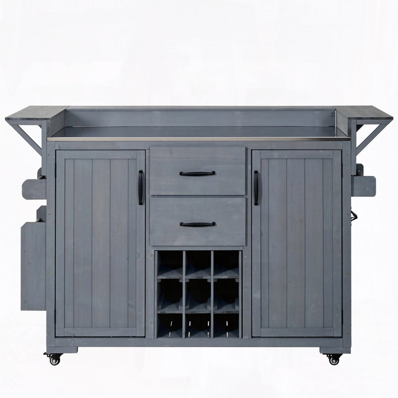60.2" Outdoor Kitchen Island with Wheels – Stainless Steel Top, Wine Rack, Natural