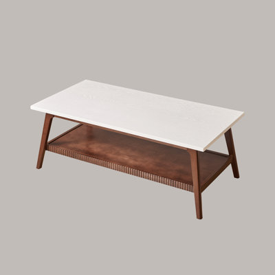 Solid Rubber Wood Coffee Table, Mid Century Modern Two-Tone Rectangular Wooden Cocktail Table with Lower Storage Shelf, White Tabletop & Walnut Finish