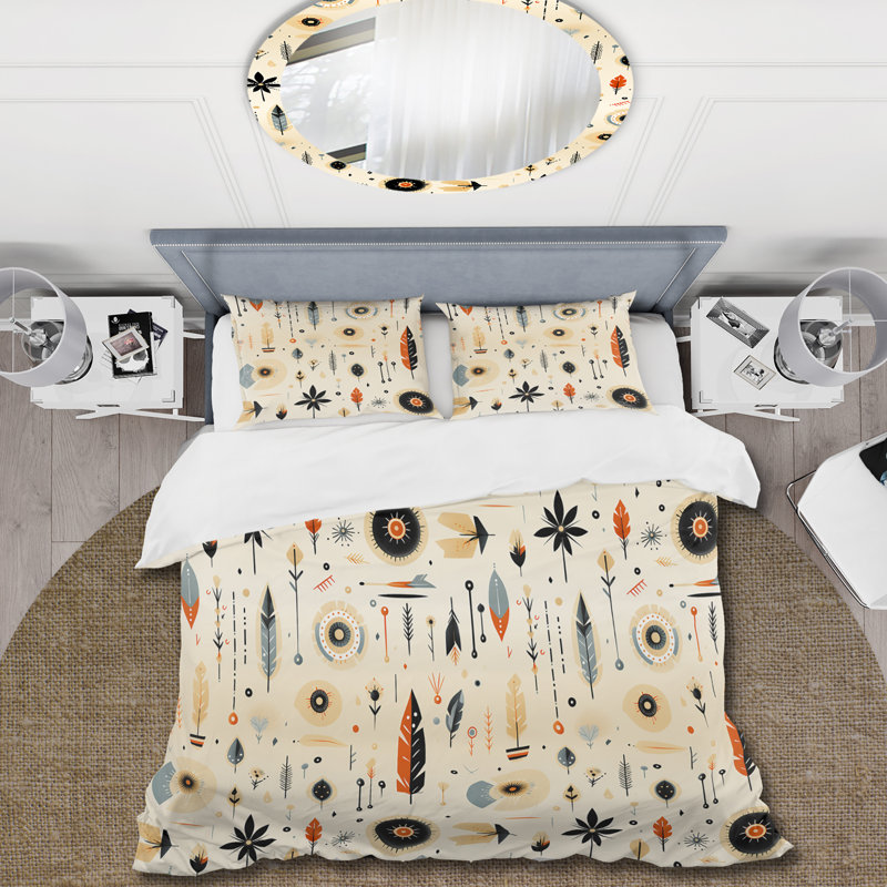 Beige Urban Nomadic Feathers Pattern I Polyester Floral Duvet Cover Set, Twin Duvet Cover + 1 Standard Sham